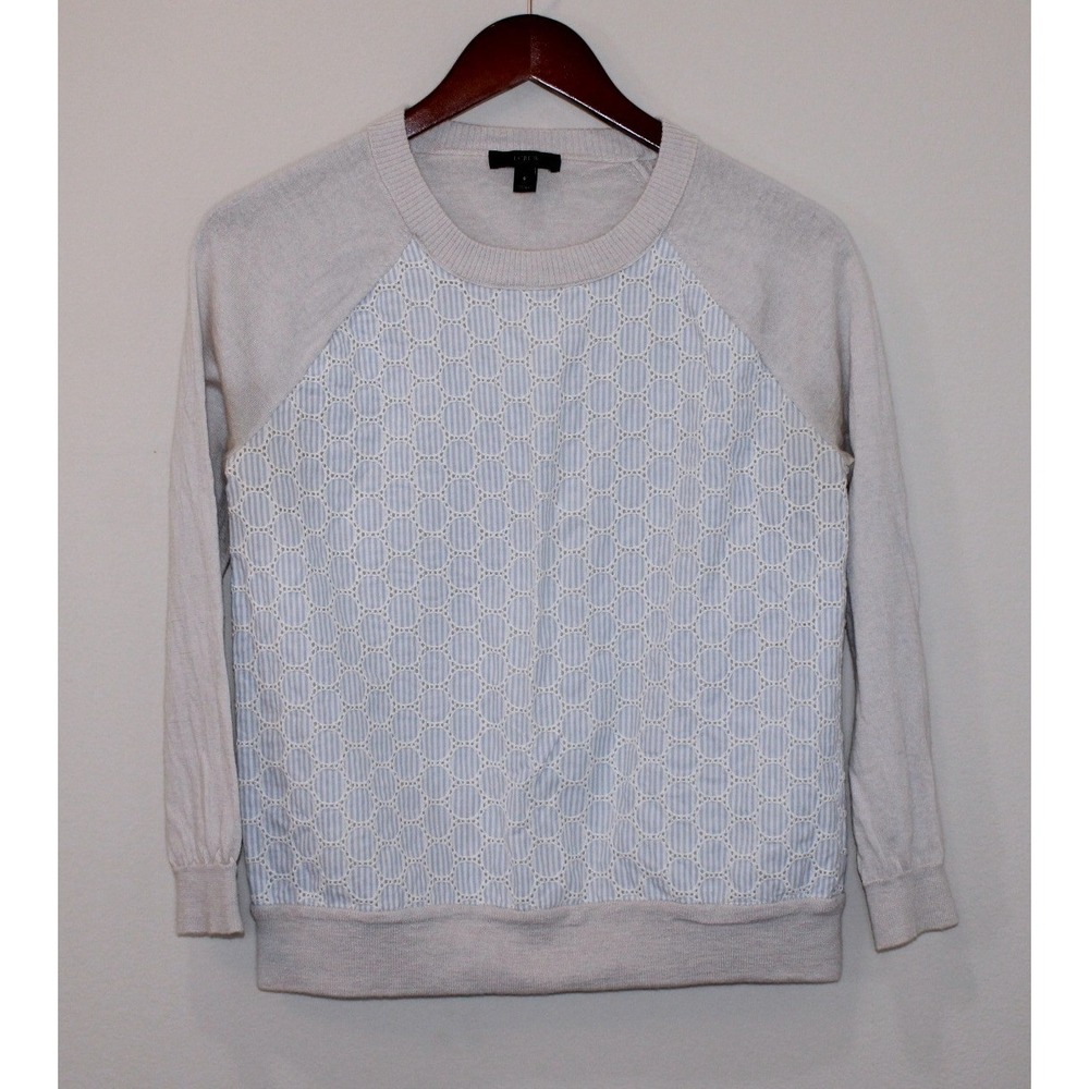 J.Crew sweater top Sz Small seersucker eyelet front raglan crew neck blue beige